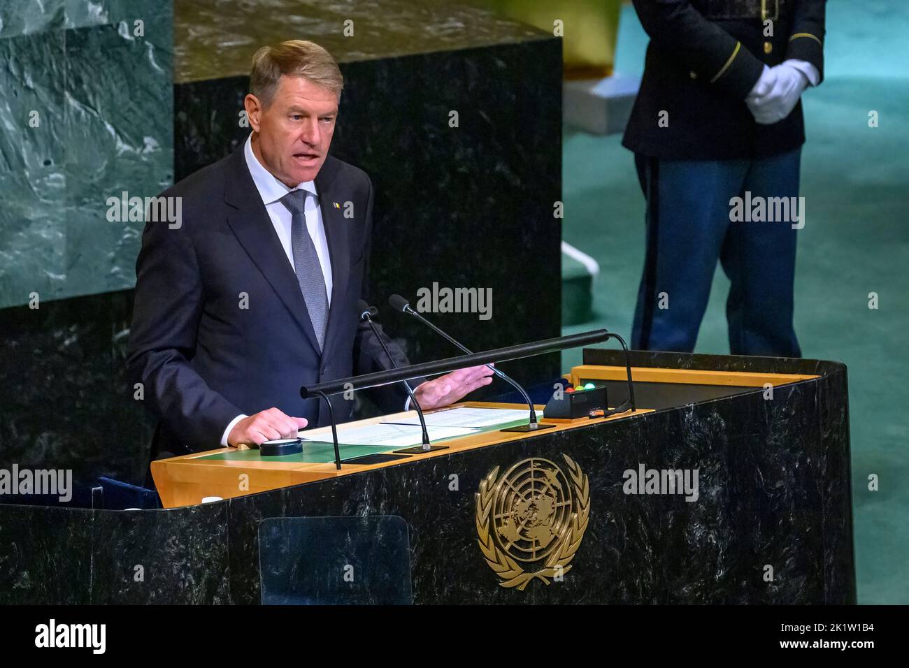 New York, USA. 20th Sep, 2022. Romanian president Klaus Werner Iohannis addresses the General Debate of the 77th United Nations General Assembly. Credit: Enrique Shore/Alamy Live News Stock Photo