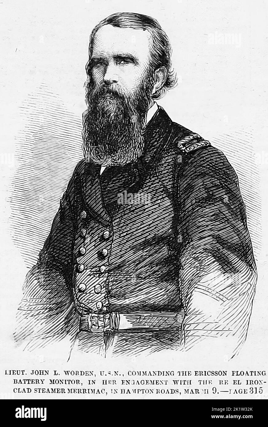 Portrait of Lieutenant John Lorimer Worden, United States Navy, commanding the Ericsson floating battery Monitor, in her engagement with the Rebel ironclad steamer Merrimack, in Hampton Roads, March 9th, 1862. 19th century American Civil War illustration from Frank Leslie's Illustrated Newspaper Stock Photo