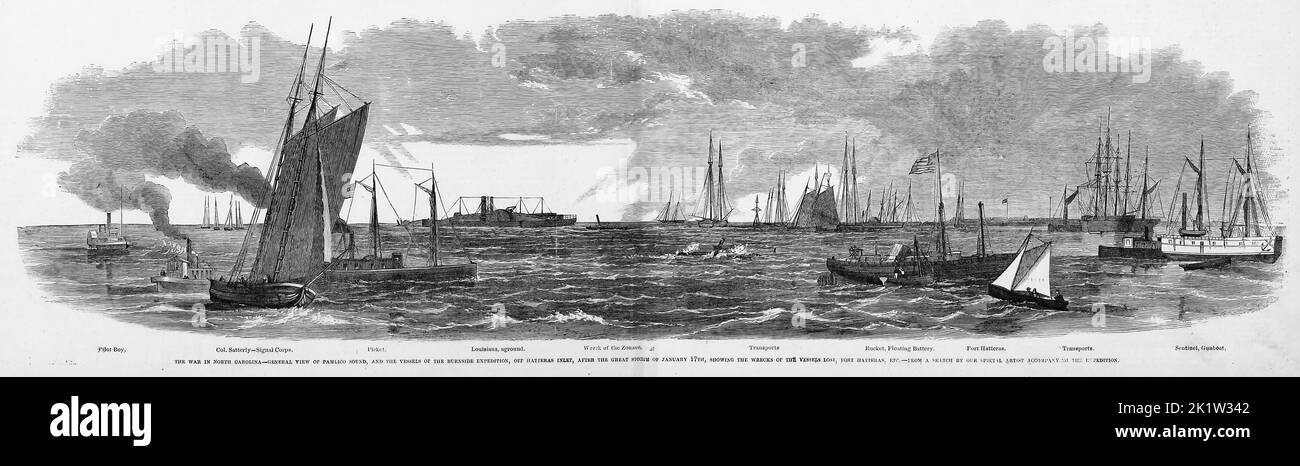The War in North Carolina - General view of Pamlico Sound, and the vessels of the Burnside Expedition, off Hatteras Inlet, North Carolina, after the great storm of January 17th, 1862, showing the wrecks of the vessels lost, Fort Hatteras, etc. 19th century American Civil War illustration from Frank Leslie's Illustrated Newspaper Stock Photo