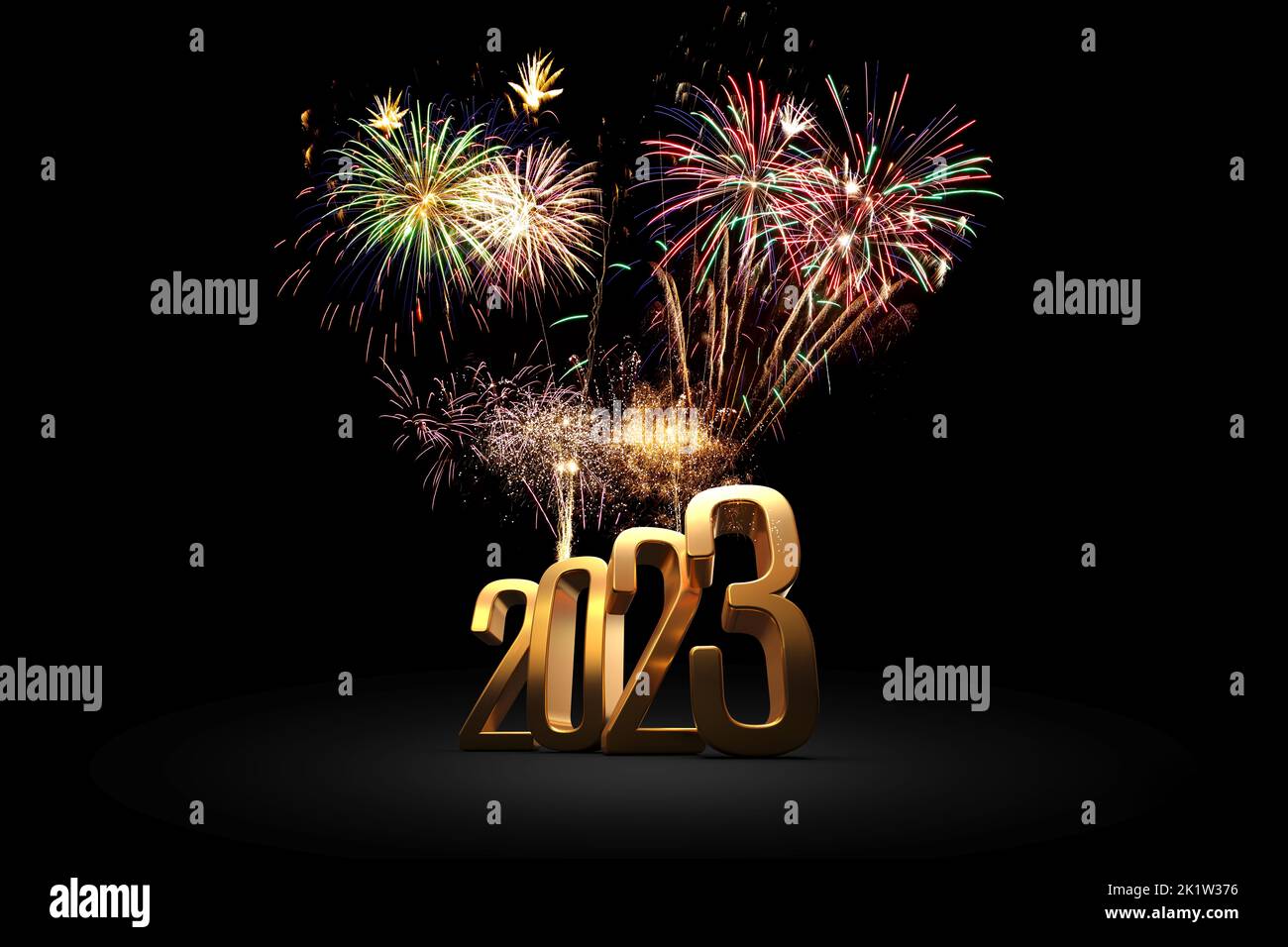 2023 celebration gold - 3D rendering text on black background Stock Photo