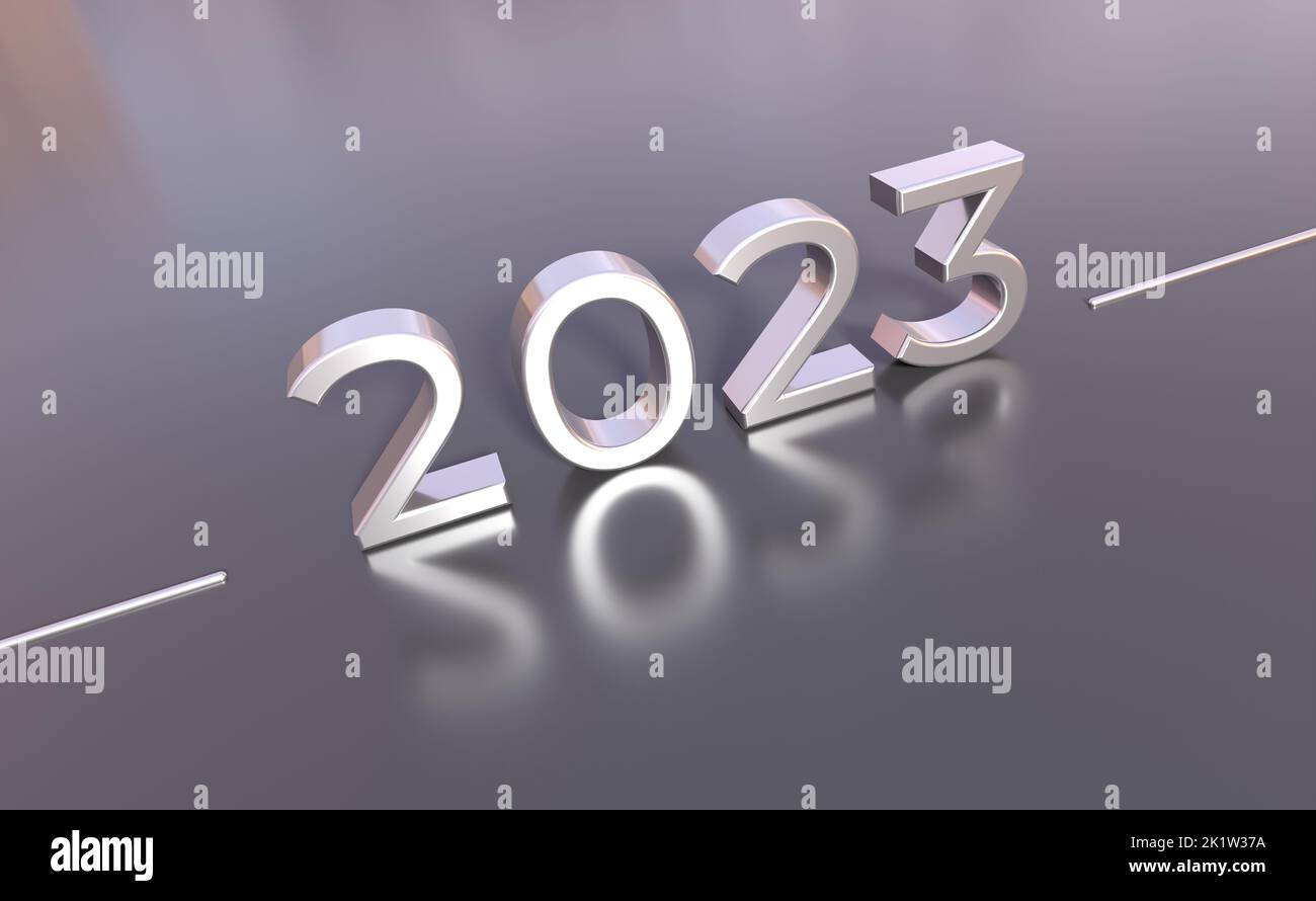 2023 celebration silver - 3D rendering text on grey background Stock Photo