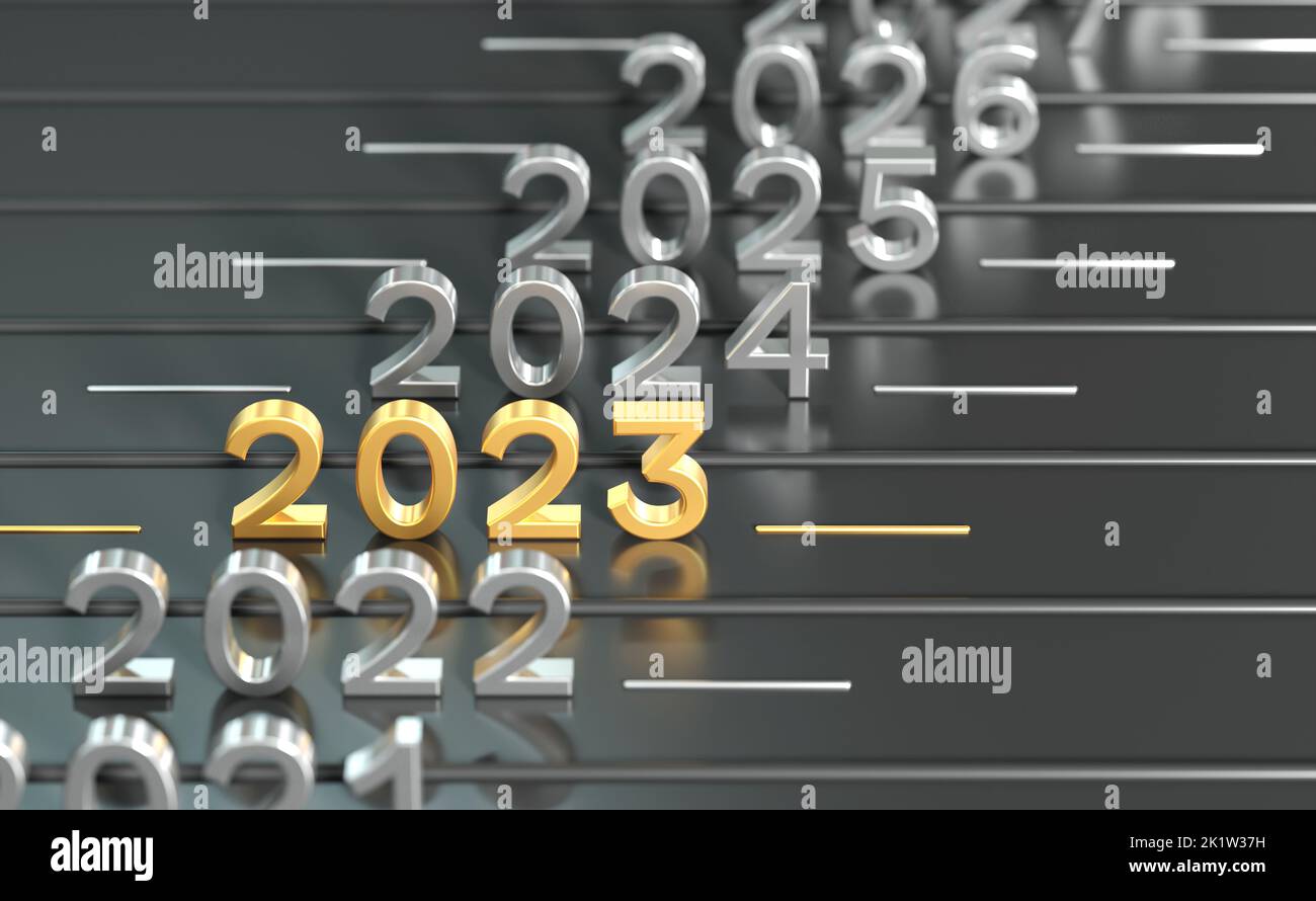 2023 celebration gold and silver - 3D rendering text on grey background Stock Photo