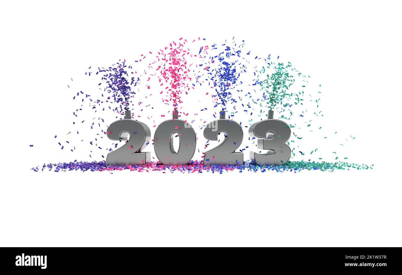 2023 celebration with confetti - 3D rendering text on white background Stock Photo