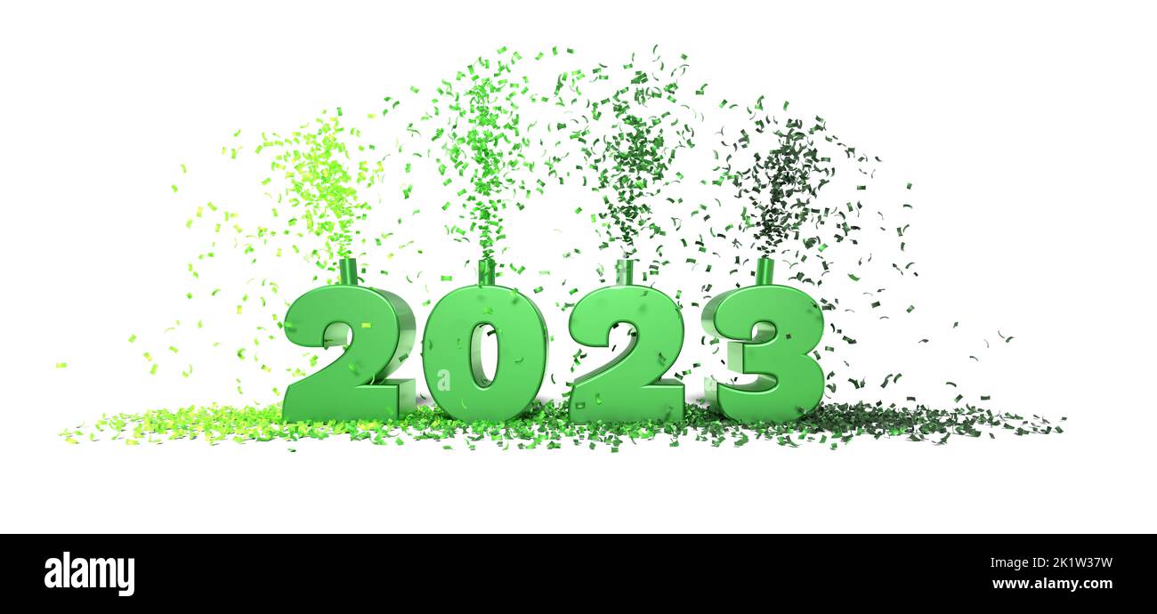 2023 green celebration with confetti - 3D rendering Stock Photo