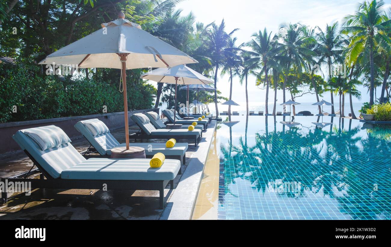 tropical pool with palm trees and beach bed chairs at a luxury resort ...