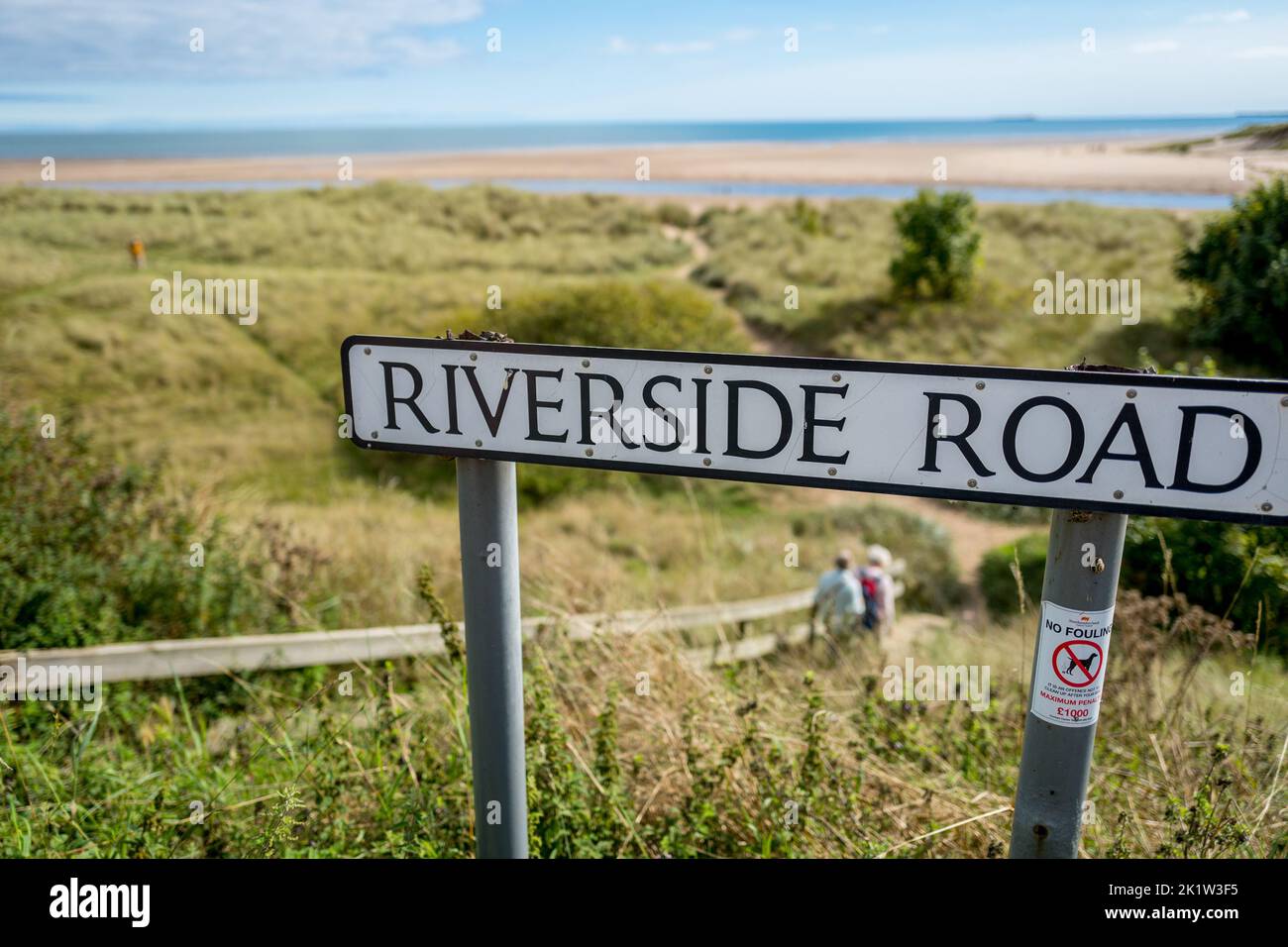 Riverside Road sign at Alnmouth, Northumberland, England, UK Stock