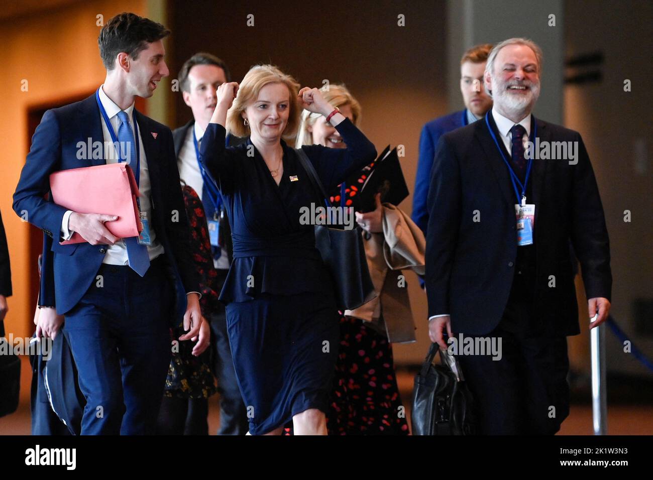 National Security Adviser for the UK Tim Barrow (right) and Prime Minister Liz Truss (centre) walk with her delegation through the UN General Assembly building, in New York, during her visit to the US to attend the 77th UN General Assembly. Picture date: Tuesday September 20, 2022. Stock Photo