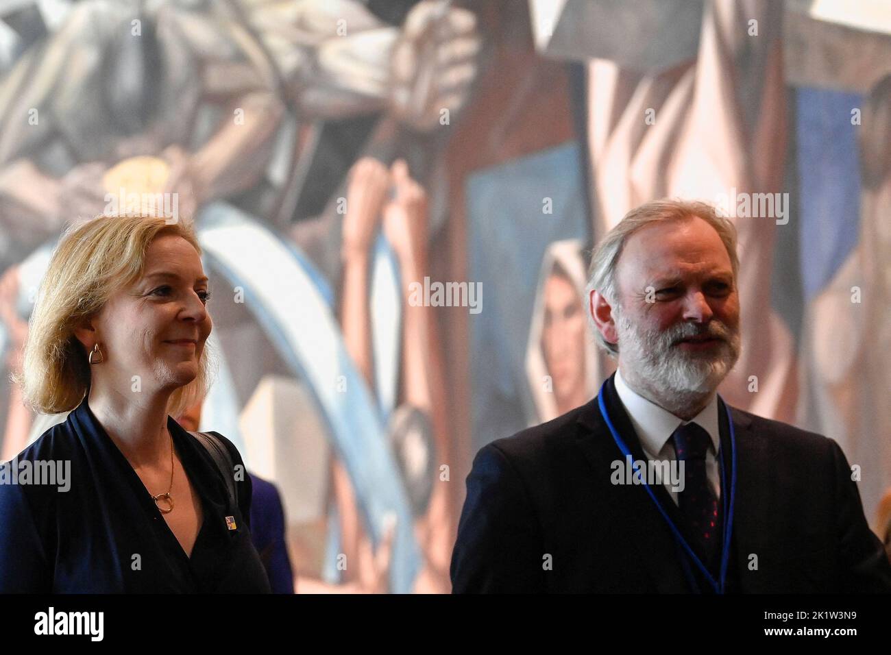 Prime Minister Liz Truss and National Security Adviser for the UK Tim Barrow walk through the UN General Assembly building, in New York, during her visit to the US to attend the 77th UN General Assembly. Picture date: Tuesday September 20, 2022. Stock Photo
