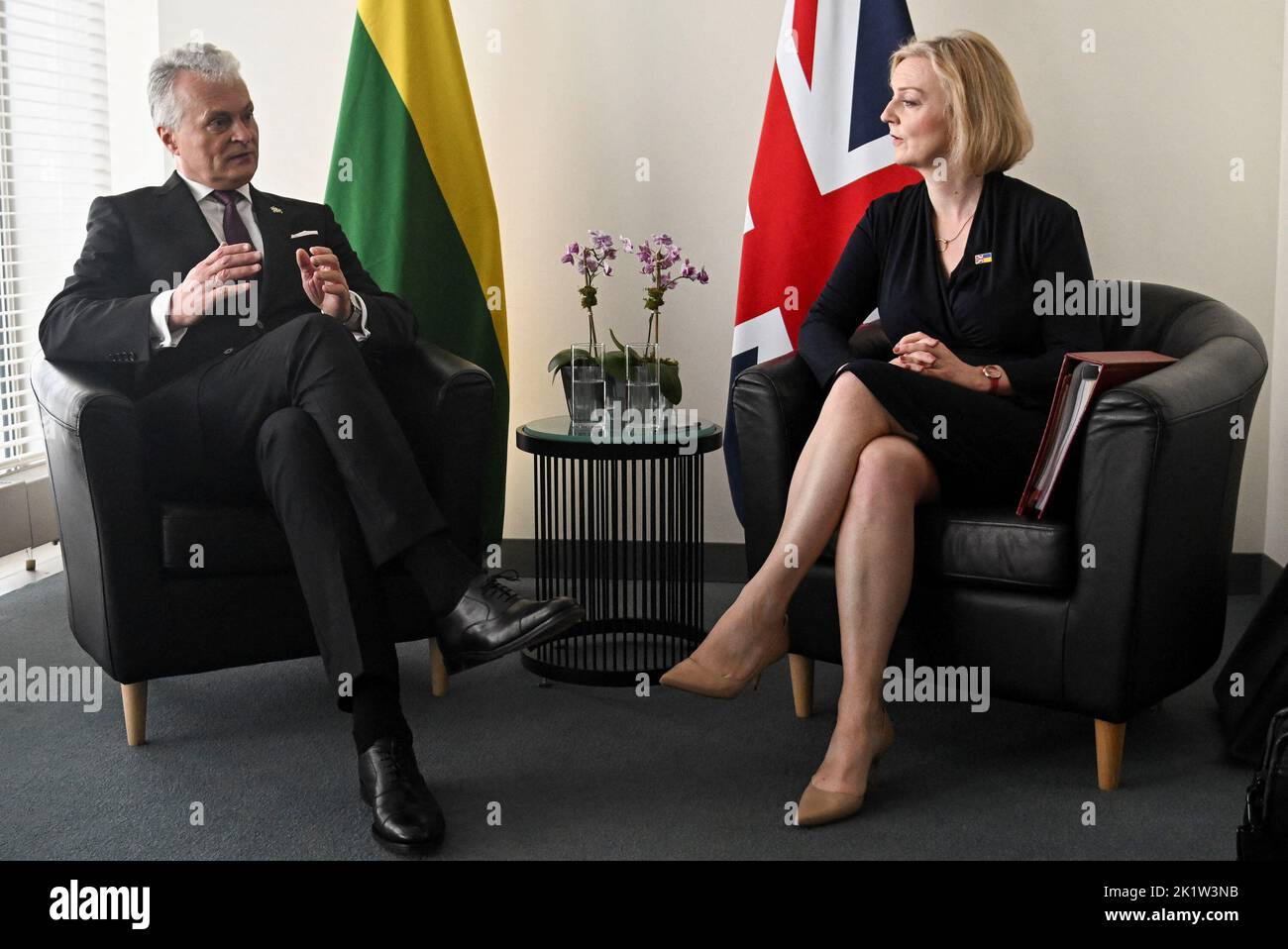 Prime Minister Liz Truss holds a bilateral meeting with President of Lithuania, Gitanas Nauseda, at the United Nations (UN) headquarters in New York, during her visit to the US to attend the 77th UN General Assembly. Picture date: Tuesday September 20, 2022. Stock Photo