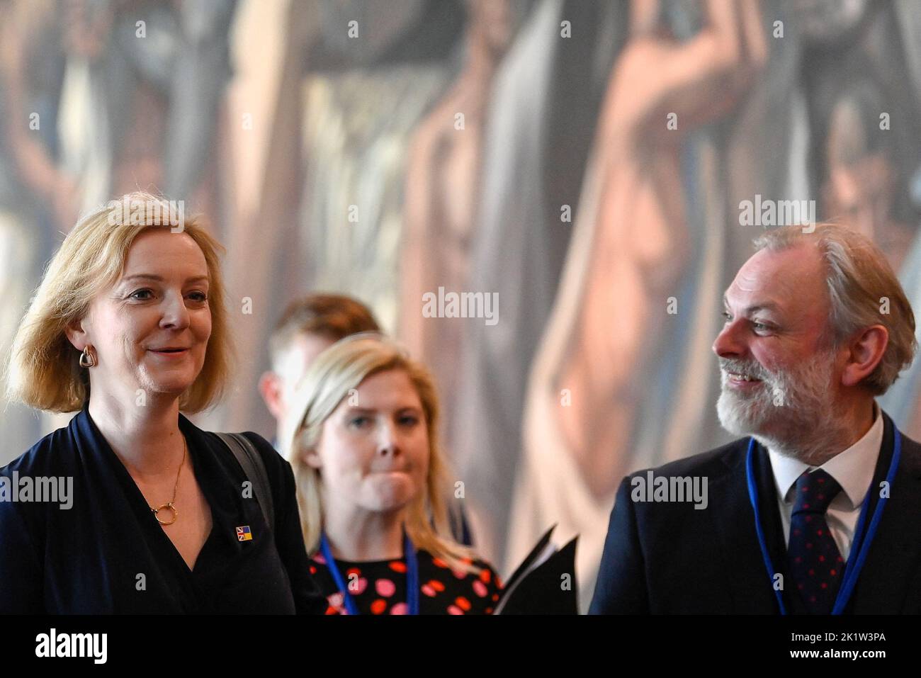 Prime Minister Liz Truss (left) and National Security Adviser for the UK Tim Barrow walk through the UN General Assembly building, in New York, during her visit to the US to attend the 77th UN General Assembly. Picture date: Tuesday September 20, 2022. Stock Photo