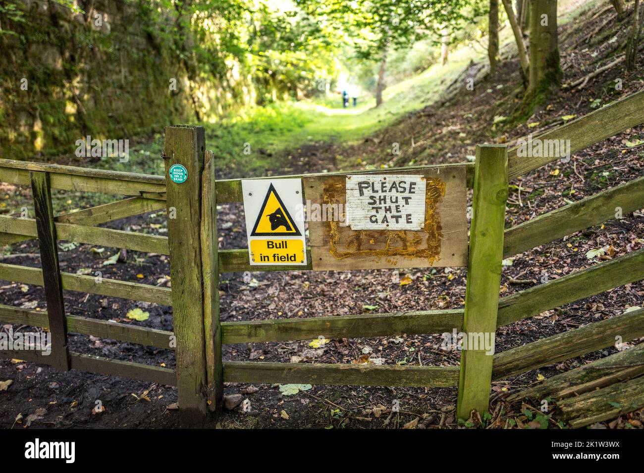 Signs and nitices, Bull in Field and Please Shut the Gate attached to a wooden fence along a public footpath. Stock Photo