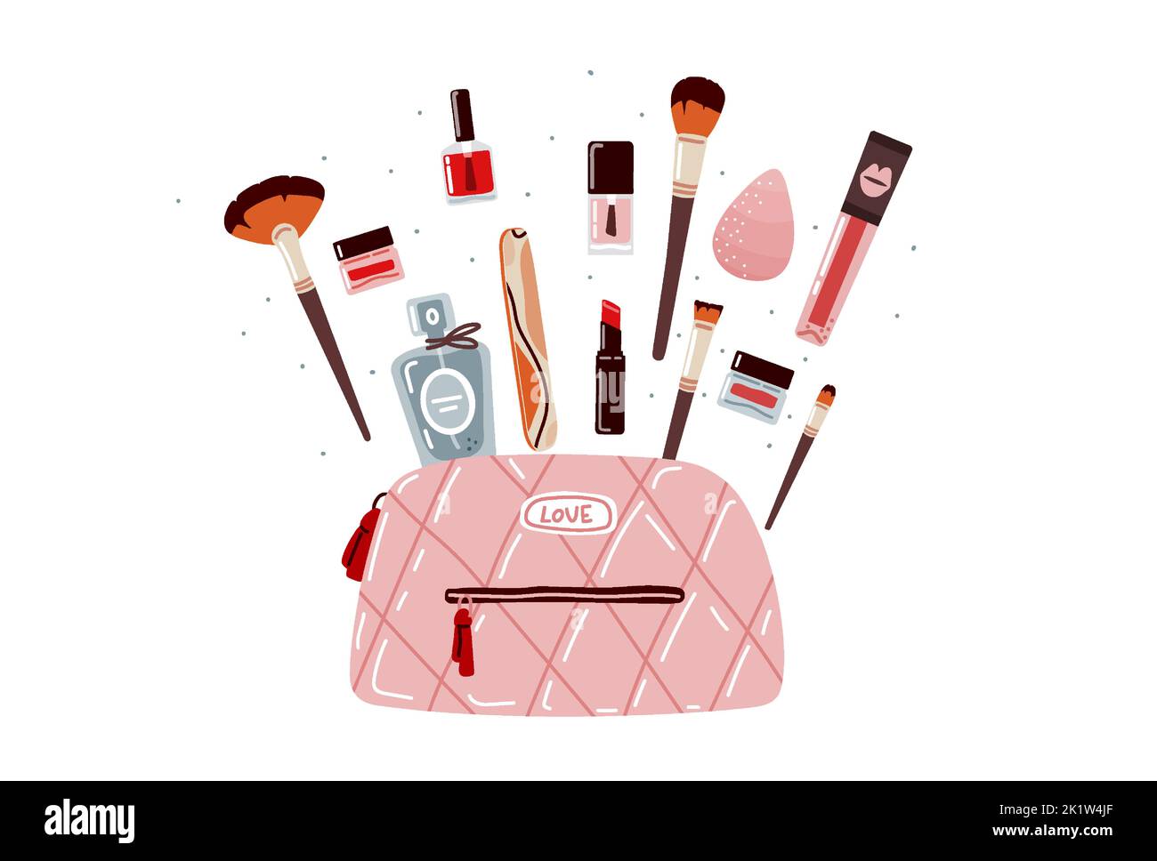 Makeup bag with decorative cosmetics on white background.Flat illustration Stock Vector