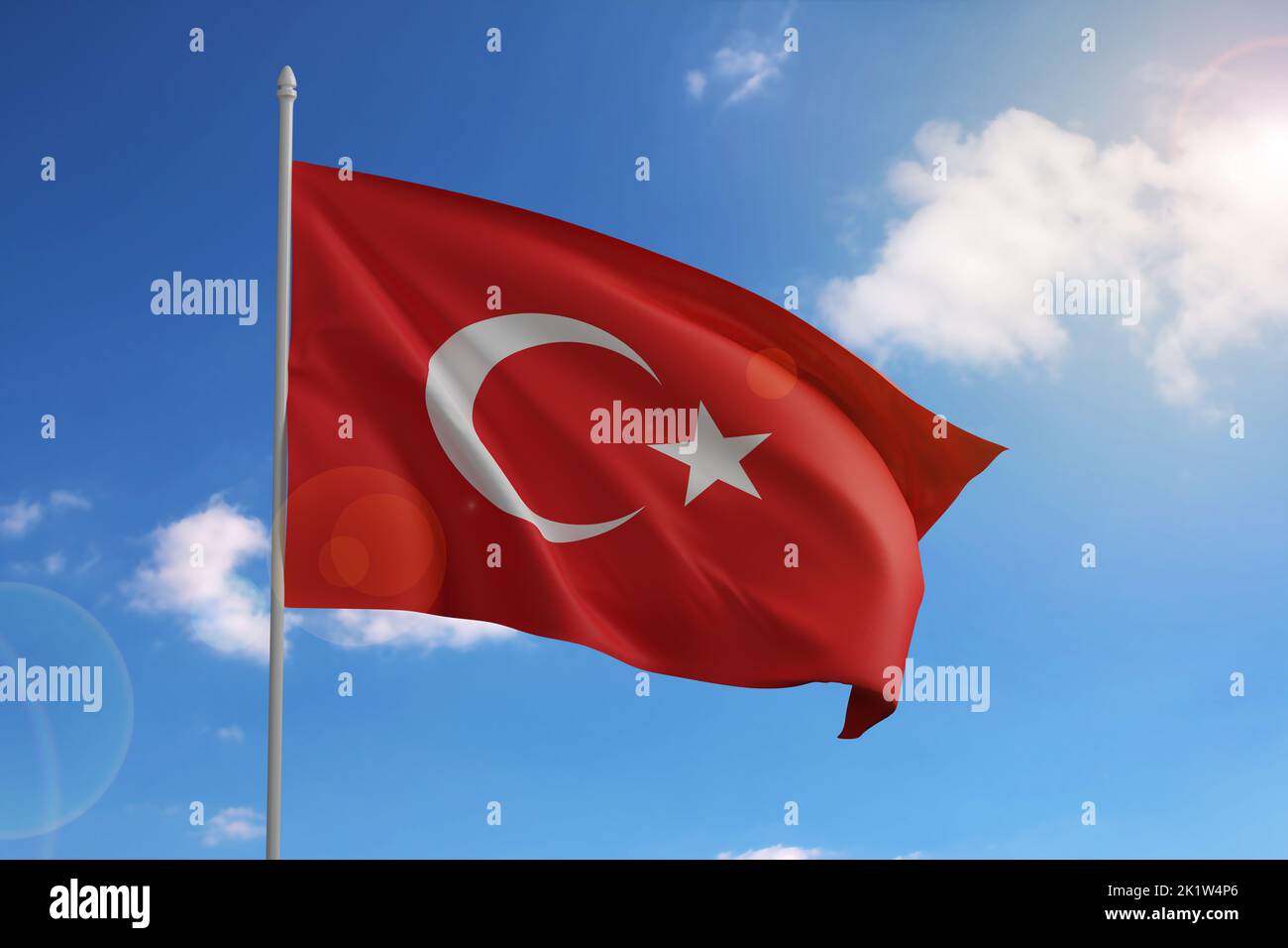 Flag of Turkey on blue sky. 3d illustration. Stock Photo