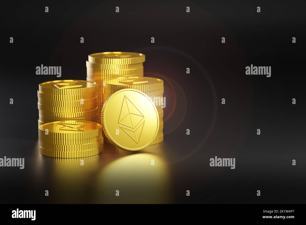 Stacks of ethereum coins on black background. 3d illustration. Stock Photo