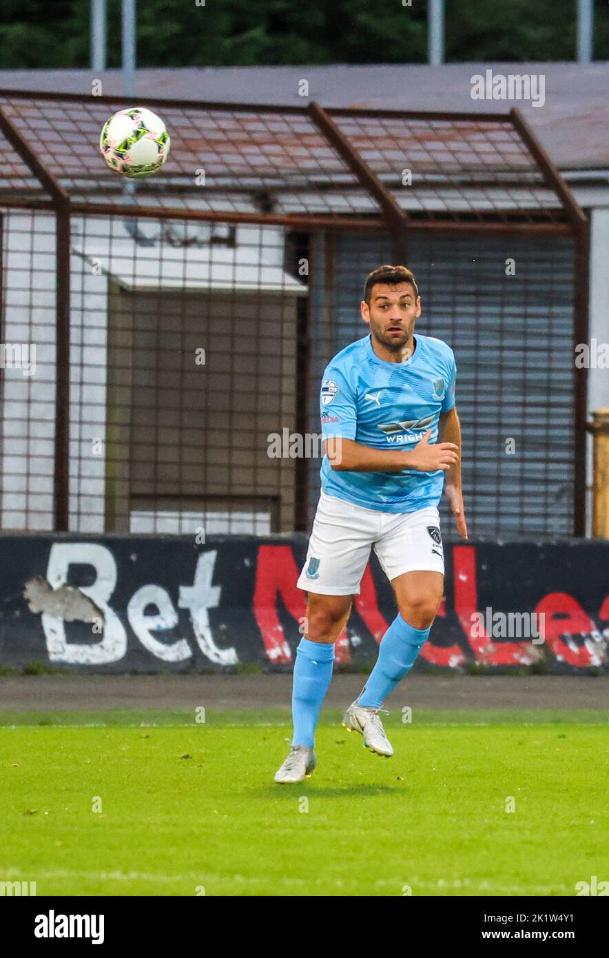 Ballymena Showgrounds, Ballymena, County Antrim, Northern Ireland, UK. 23 Aug 2022. Danske Bank Premiership – Ballymena United 1 Cliftonville 2. Ballymena United player David McDaid (7) in action during the Danske Bank Irish League game. Stock Photo