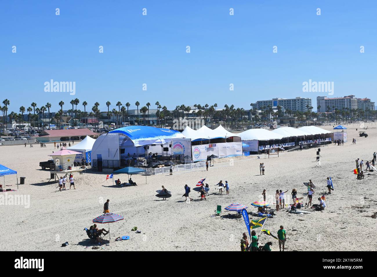 HUNTINGTON BEACH, CALIFORNIA, 19 SEPT 2022: Tents and pop-ups for the International Surfing Association competition at the Pier in Huntington Beach. Stock Photo