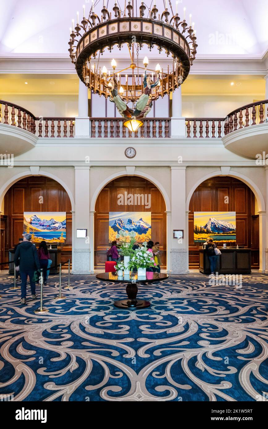 Elaborate chandelier; main lobby; The Fairmont; Chateau Lake Louise; Lake Louise; Banff National Park; Alberta; Canada Stock Photo