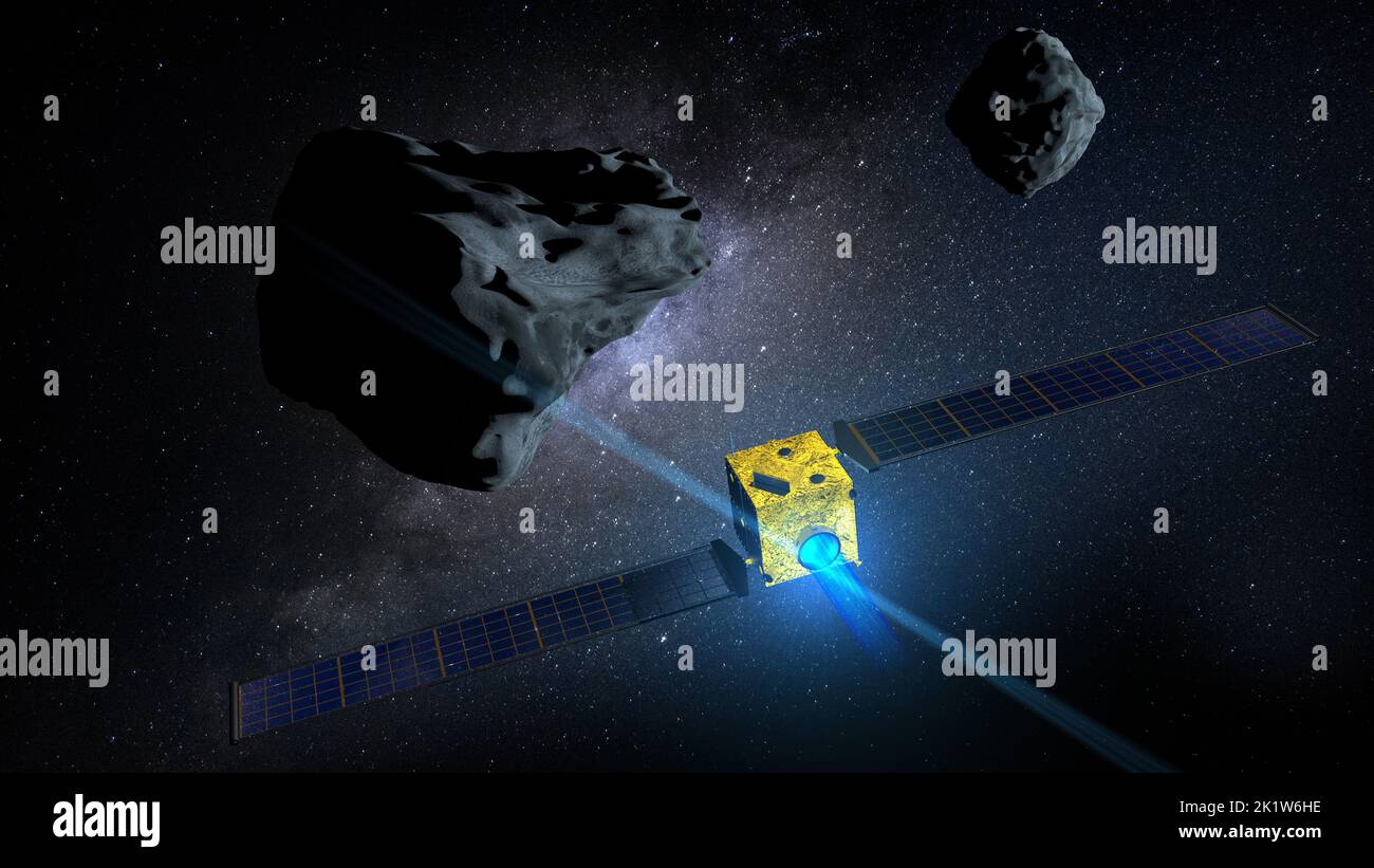 DART satellite on collision course with asteroid DIMORPHOS to deflect its orbit against a dark galaxy background. 3D Illustration Stock Photo