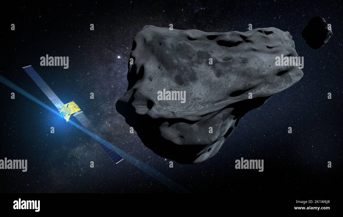 DART satellite very close to impacting the asteroid DIMORPHOS to deflect its orbit against a dark galaxy background. 3D Illustration Stock Photo