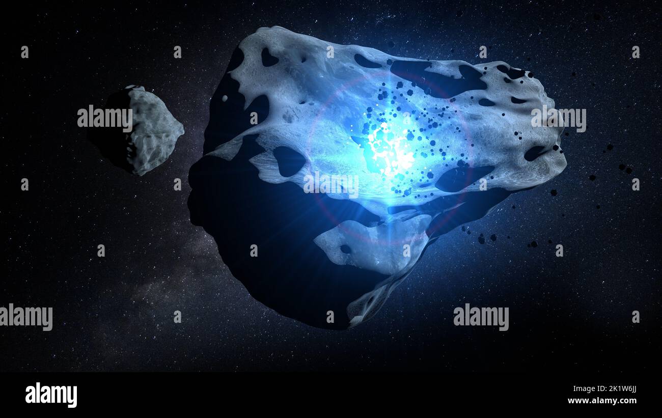 Asteroid DIMORPHOS being impacted on its surface with small pieces of rock scattering around it against a dark galaxy background. 3D Illustration Stock Photo