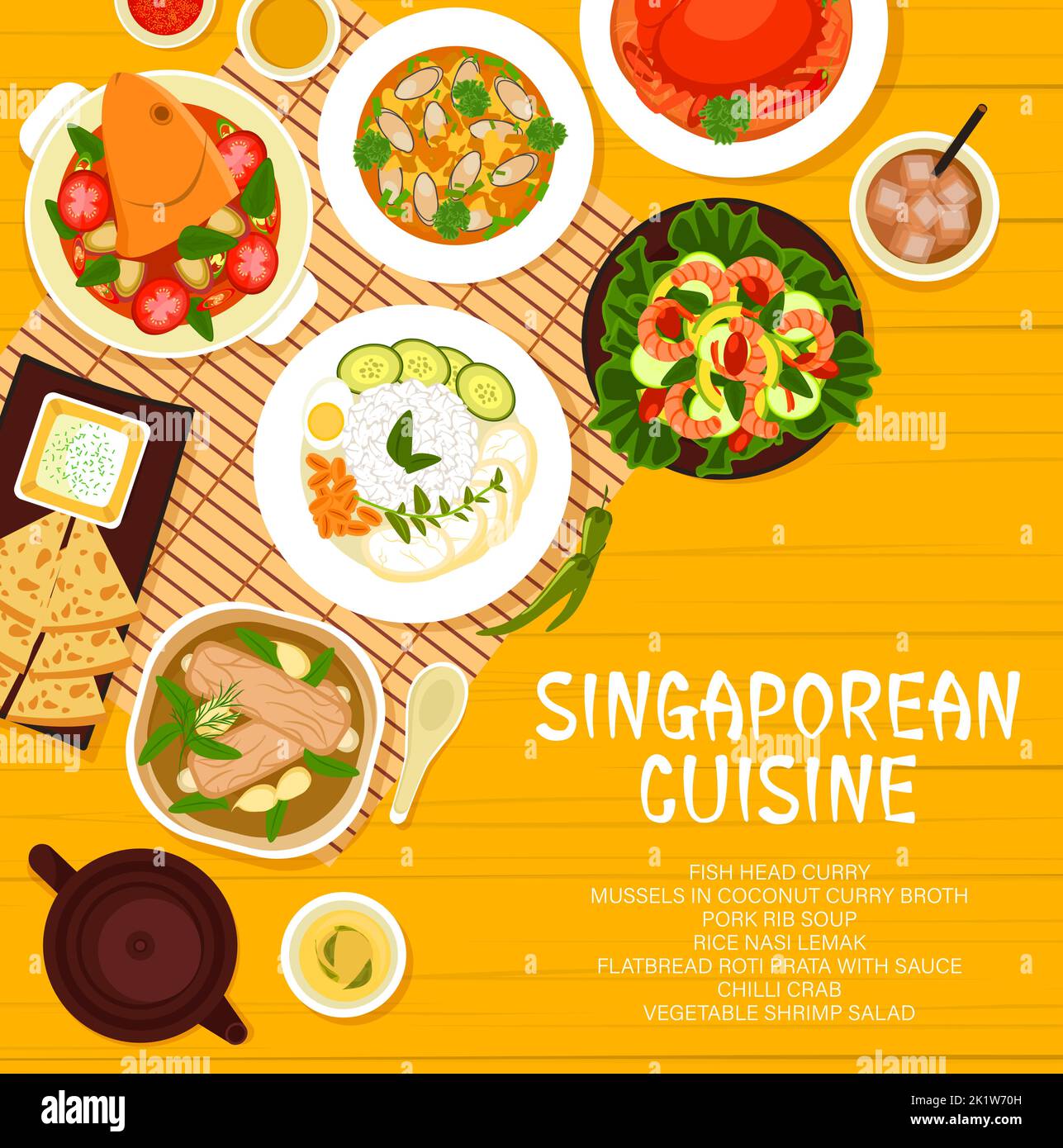 Singaporean cuisine restaurant menu page cover. Chilli crab, vegetable shrimp salad and fish head curry, flatbread Roti Prata with sauce, mussels in coconut curry broth and Nasi Lemak, pork rib soup Stock Vector