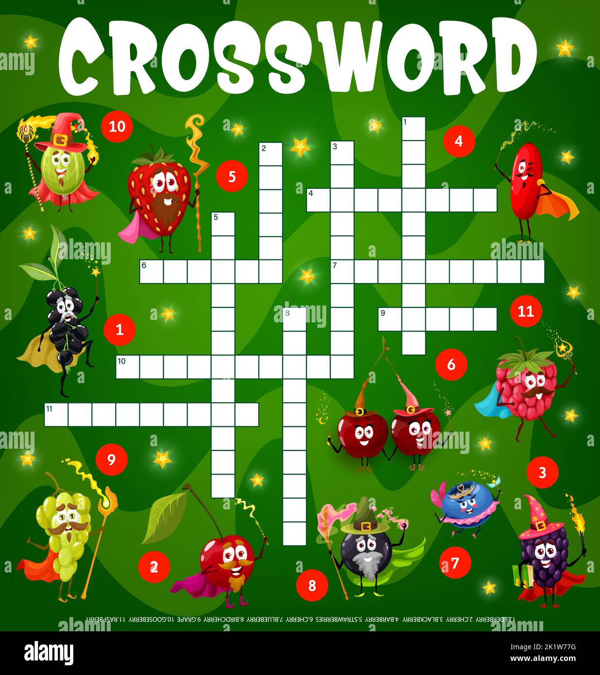 Berry wizard, mage, warlock and fairy funny characters. Crossword grid