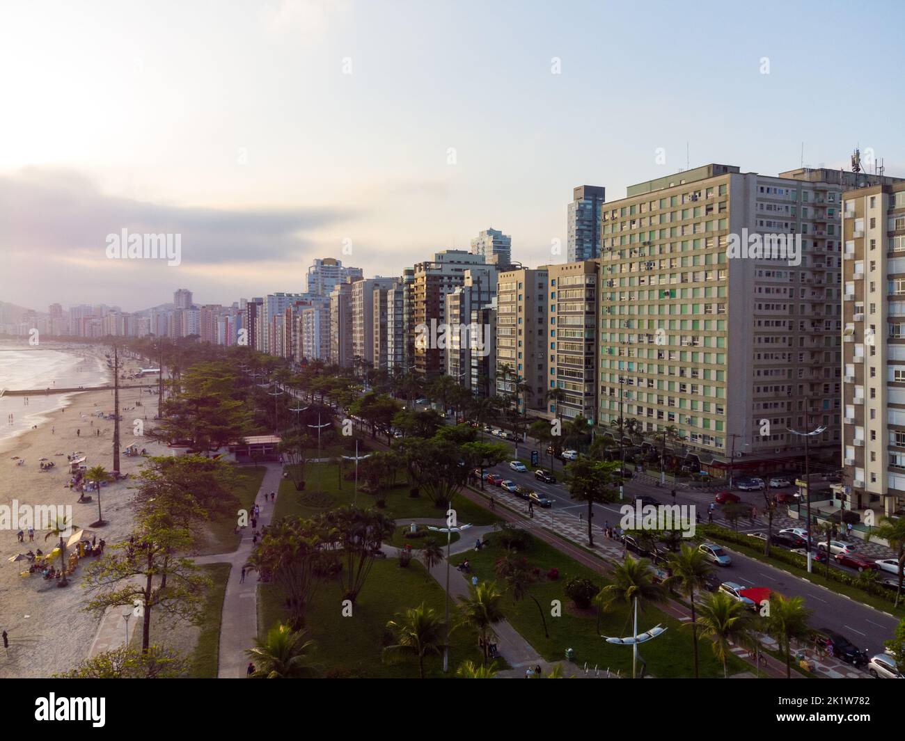 Aerial view of the waterfront to the ocean with its high buildings in