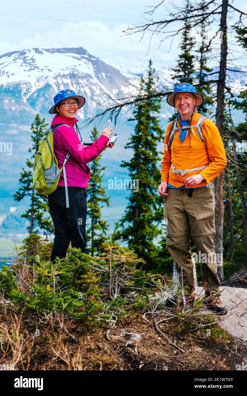 Happy hikers; Lake Agnes; Lake Louise; Banff National Park; Alberta; Canada Stock Photo
