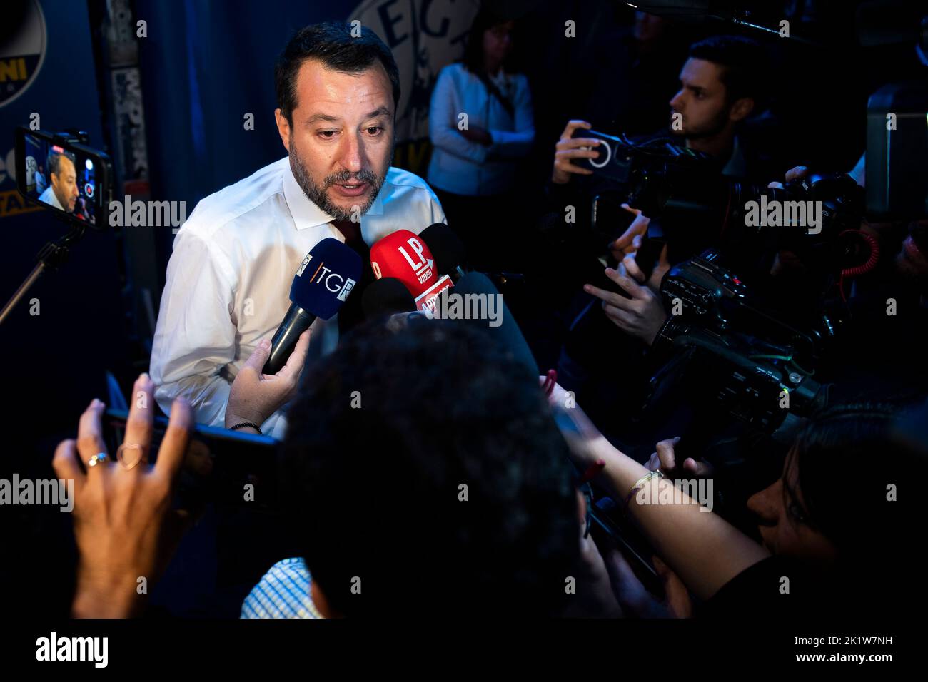 Turin, Italy. 20 September 2022. Matteo Salvini, leader of Italian right party Lega (League), speaks with journalists at the end of a rally as part of the campaign for general elections. Italians head to the polls for general elections on September 25. Credit: Nicolò Campo/Alamy Live News Stock Photo