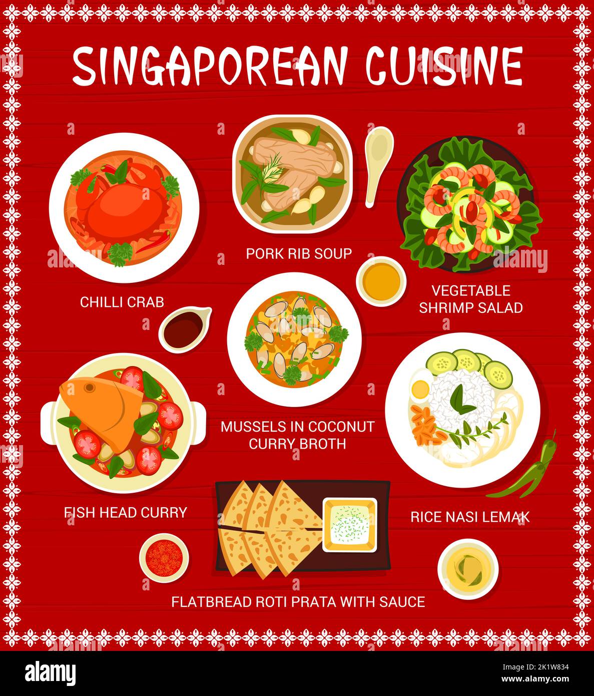 Singaporean cuisine menu design template. Pork rib soup, flatbread Roti Prata with sauce and rice Nasi Lemak, vegetable shrimp salad and mussels in co Stock Vector