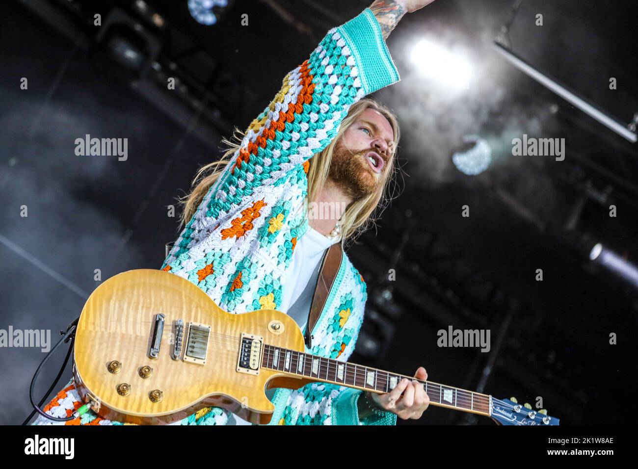 A closeup shot of Sam Ryder performing at Hatfield House, Hertfordshire
