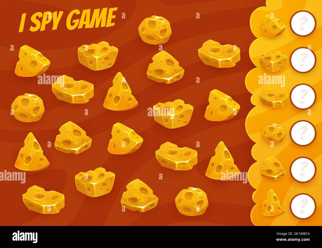 Cartoon maasdam, emmental cheese I spy game worksheet. Vector