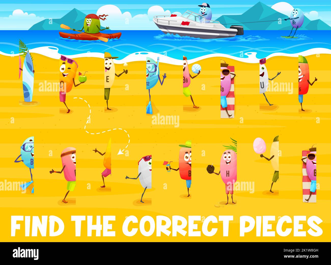 Find the correct piece of cartoon vitamin characters on summer beach