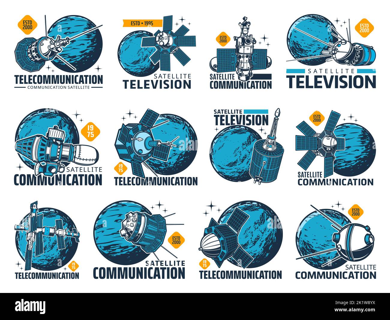 Telecommunication and television satellite icons, vector space communication technologies. Artificial satellite with antenna, solar energy panel and Earth planet globe isolated symbols and emblems Stock Vector