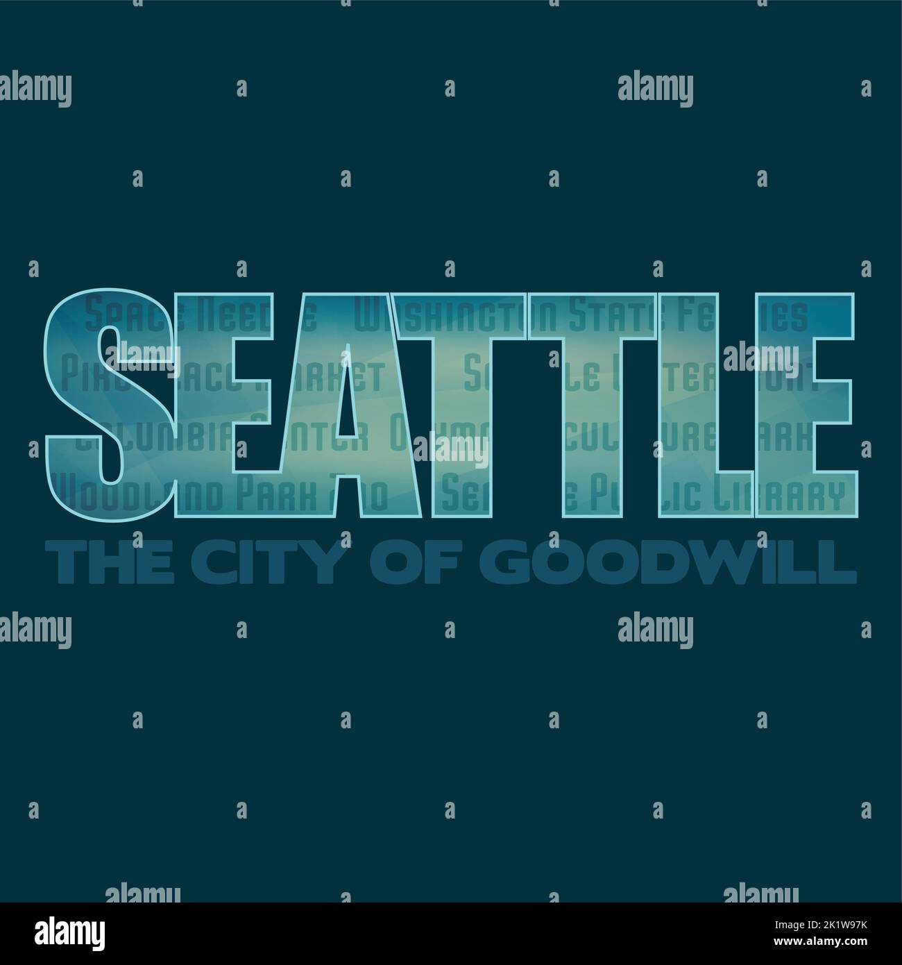 Seattle graphic emblem on dark background. Label for t-shirt. Typography vector design. CMYK color mode Stock Vector