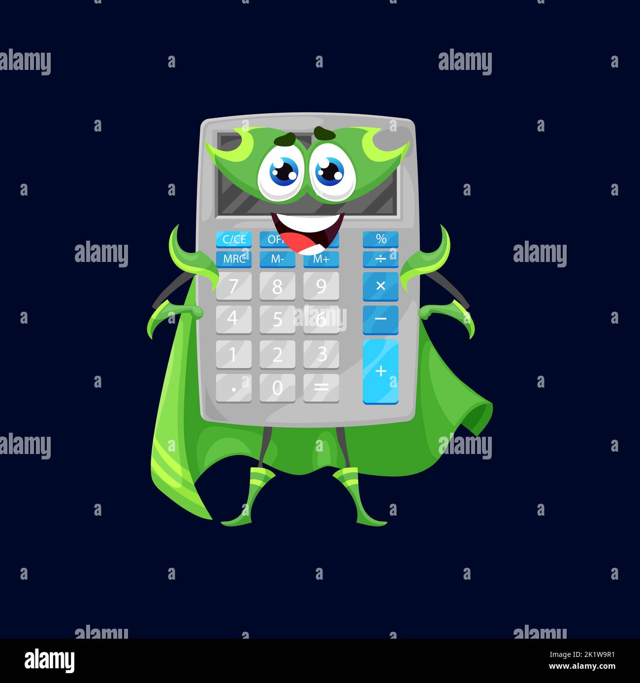 Cartoon funny calculator superhero character. Isolated vector school ...