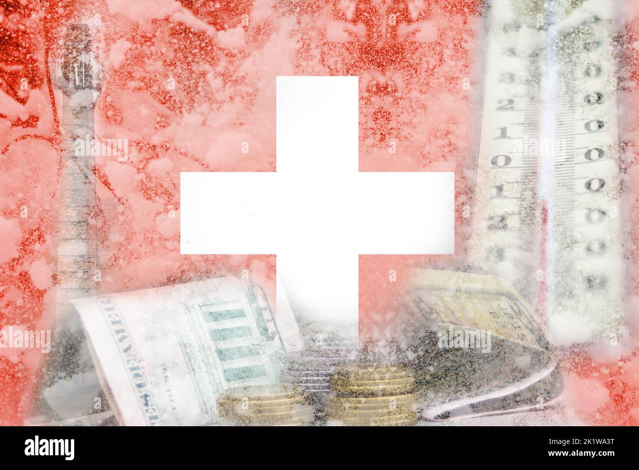 Defocus energy crisis in Europe concept. Increase in the cost of gas bill. Switzerland flag. Russia war sanctions. Economy problems. Cold hard winter. Stock Photo