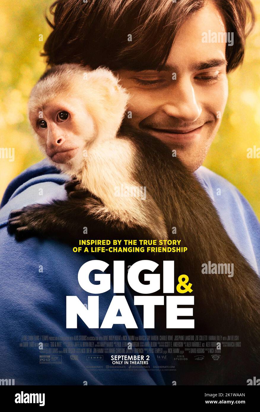 RELEASE DATE: September 2, 2022 TITLE: Gigi & Nate. STUDIO: Roadside Attractions. DIRECTOR: Nick Hamm. PLOT: A young man's life is turned upside down after he is left a quadriplegic. Moving forward seems near impossible until he meets his unlikely service animal, Gigi, a curious and intelligent capuchin monkey. STARRING: CHARLIE ROWE as Nate Gibson, poster art. (Credit Image: © Roadside Attractions/Entertainment Pictures) Stock Photo