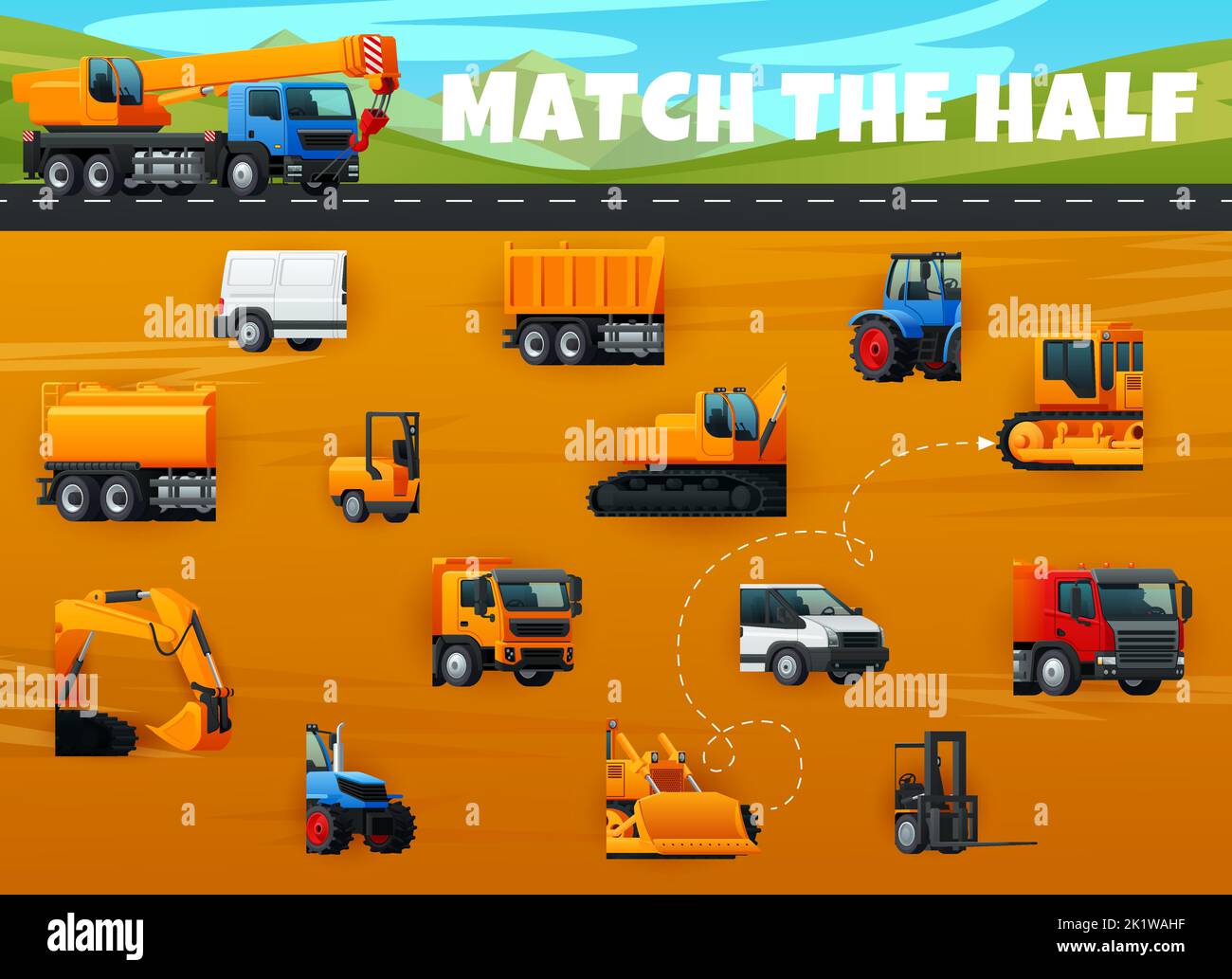 Match the half of construction machinery and industrial transport. Kids educational puzzle vector worksheet, part search quiz or puzzle game with boom crane and tank trucks, excavator, tractor and van Stock Vector