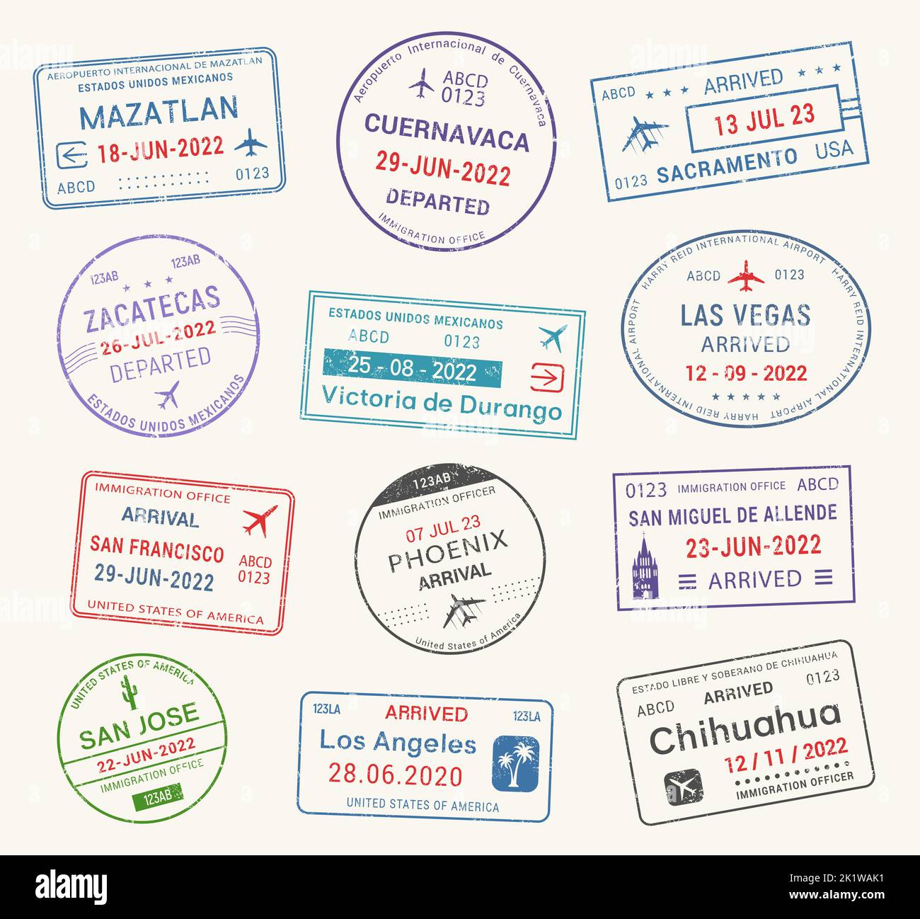 Passport travel stamps, journey visa of airport arrival and departure,  vector. International passport travel stamps of Mexico, Las Vegas, Los  Angeles, San Francisco and Phenix, San Jose and Sacramento Stock Vector  Image