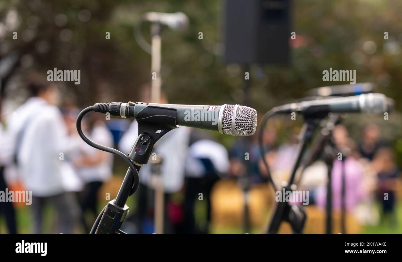 Microphone on stand for performance of musicians and singers close-up ...
