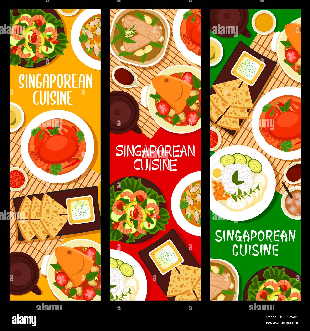 Singaporean cuisine restaurant food vector banners. Pork rib soup, fish head curry and vegetable shrimp salad, rice Nasi Lemak, mussels in coconut curry broth and chilli crab, flatbread Roti Prata Stock Vector