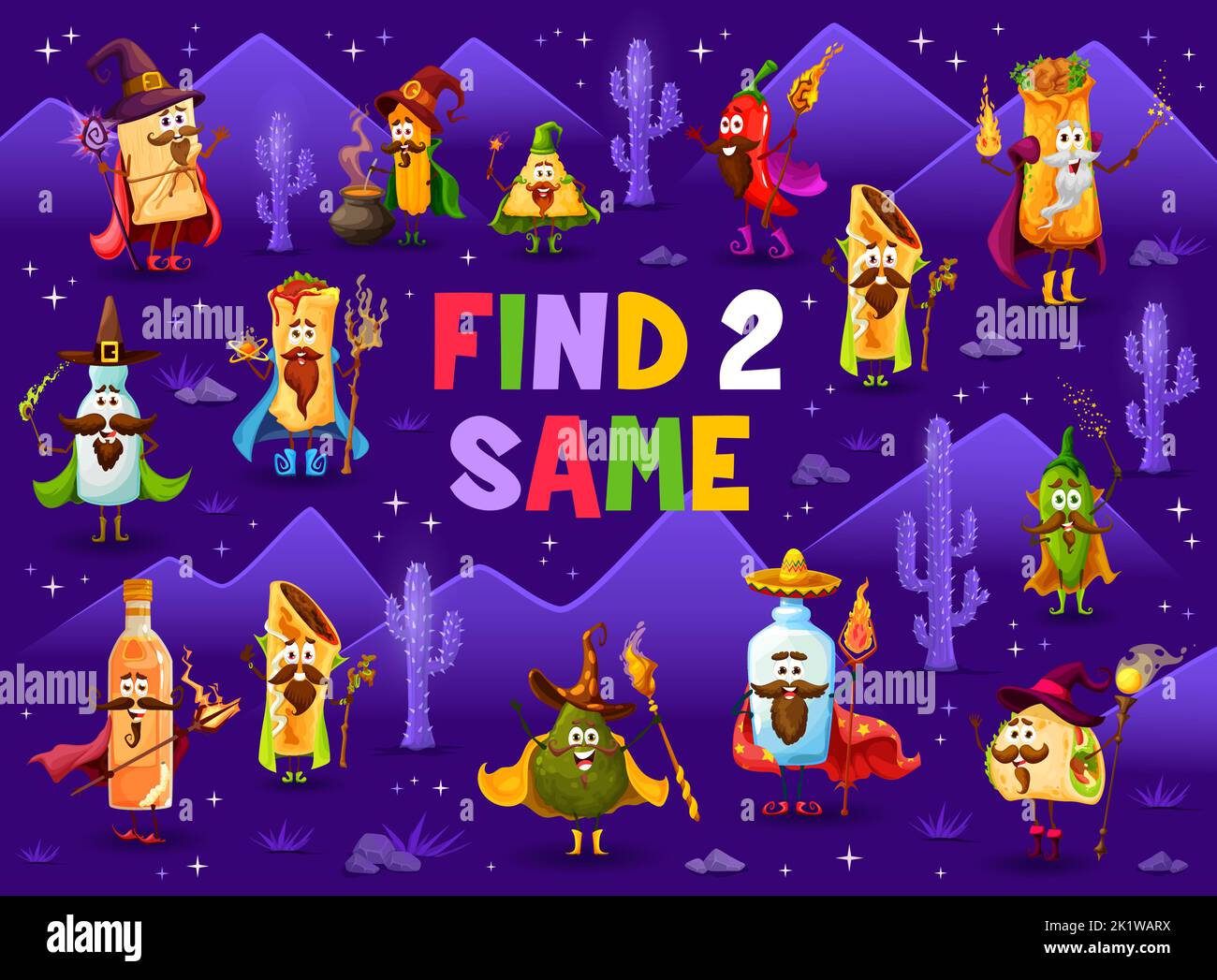 Find two same Tex Mex Mexican food wizard characters, vector kids