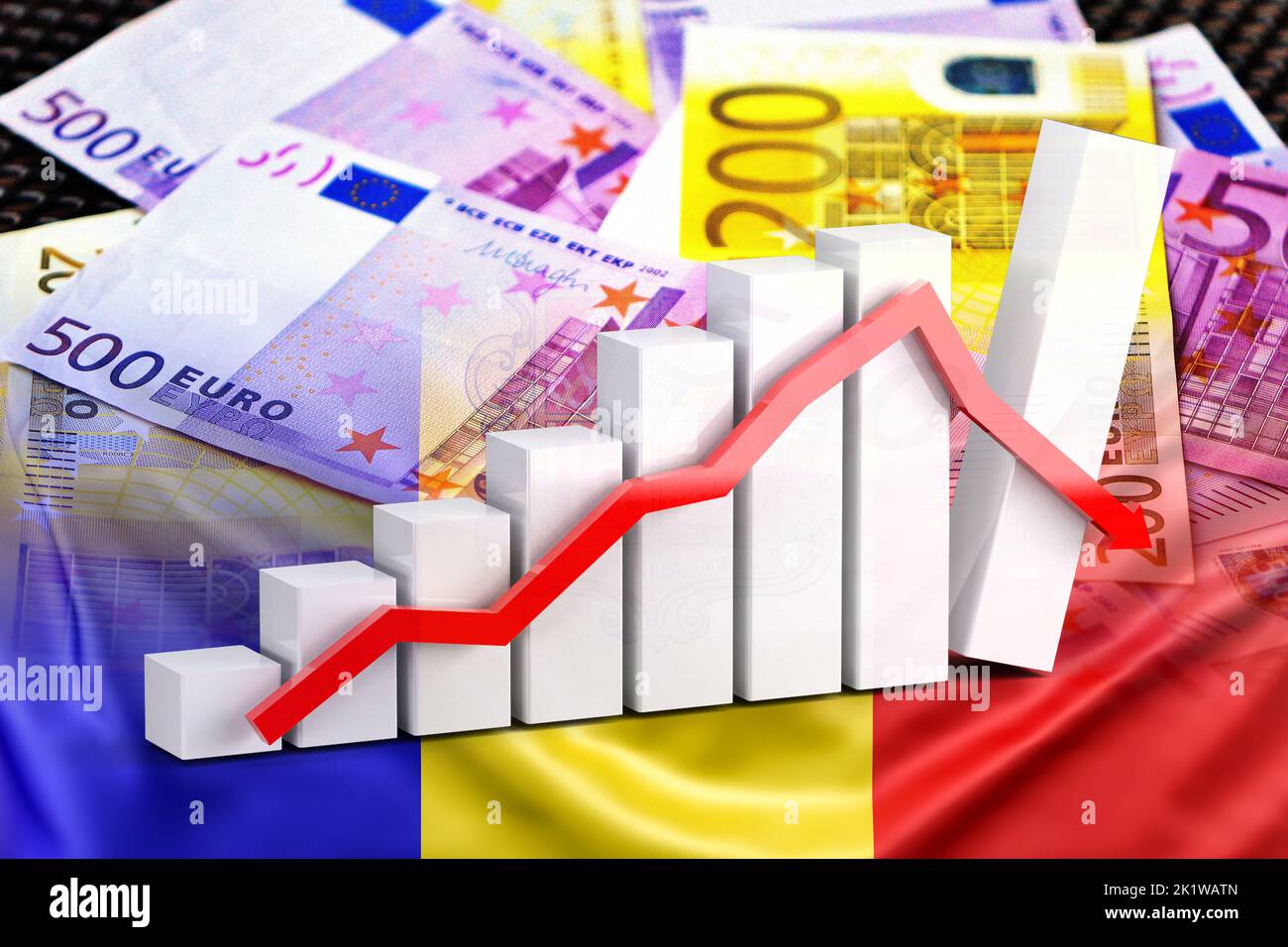 Economy Graph: Downward Arrow, Euro Cash Banknotes and Andorra Flag ...