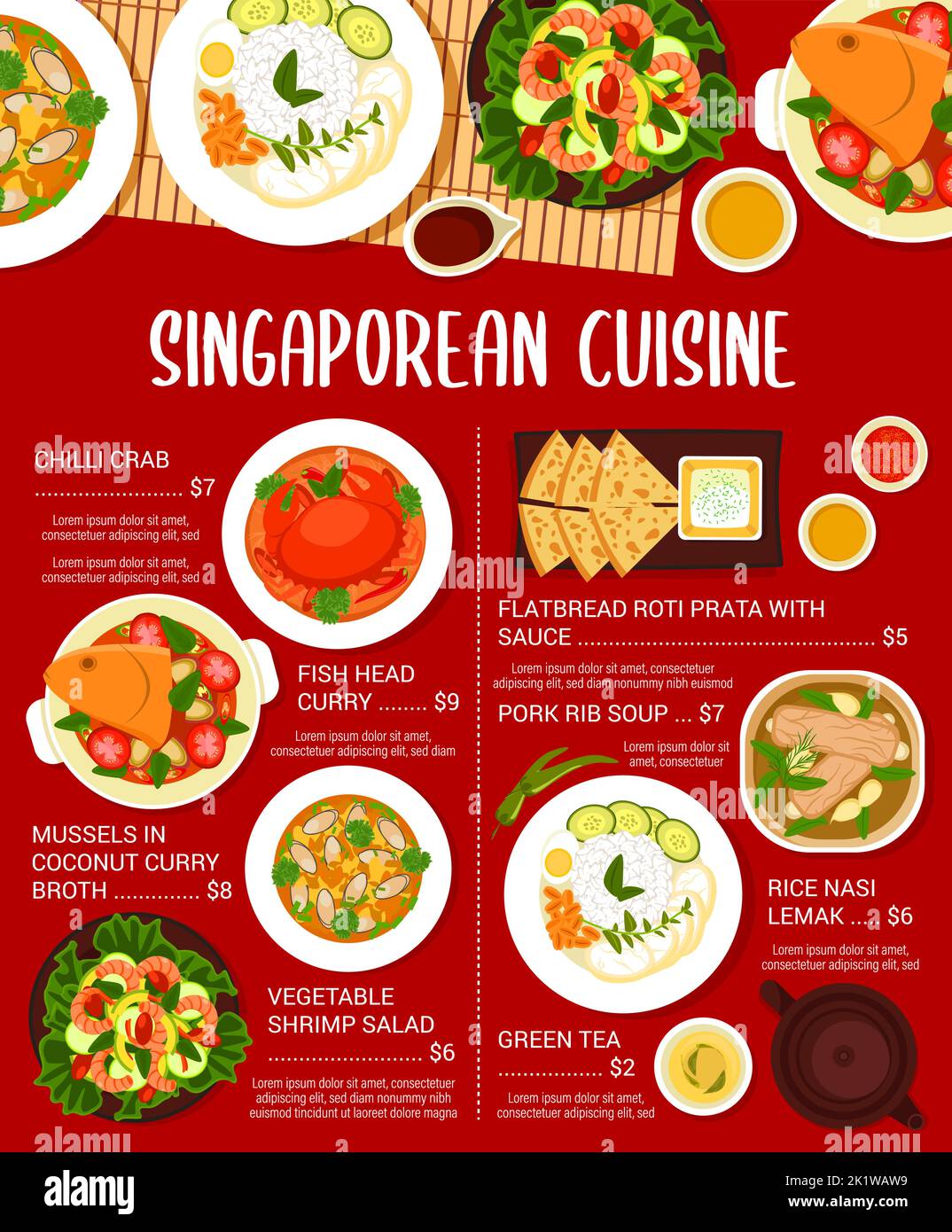 Singaporean cuisine food menu template. Pork rib soup, chilli crab and vegetable shrimp salad, mussels in coconut curry broth, fish head curry and rice Nasi Lemak, flatbread Roti Prata with sauce Stock Vector