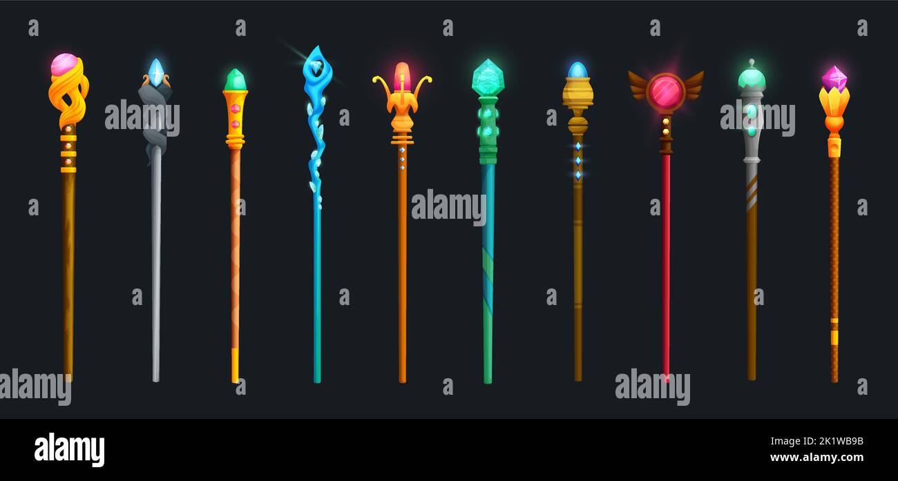 Magic staff set, wizard sorcerer and magician cartoon vector wands or  sticks. Fantasy game magic staff, stick weapon or wizard scepter, RPG UI  magician wands and sticks and power canes with crystals