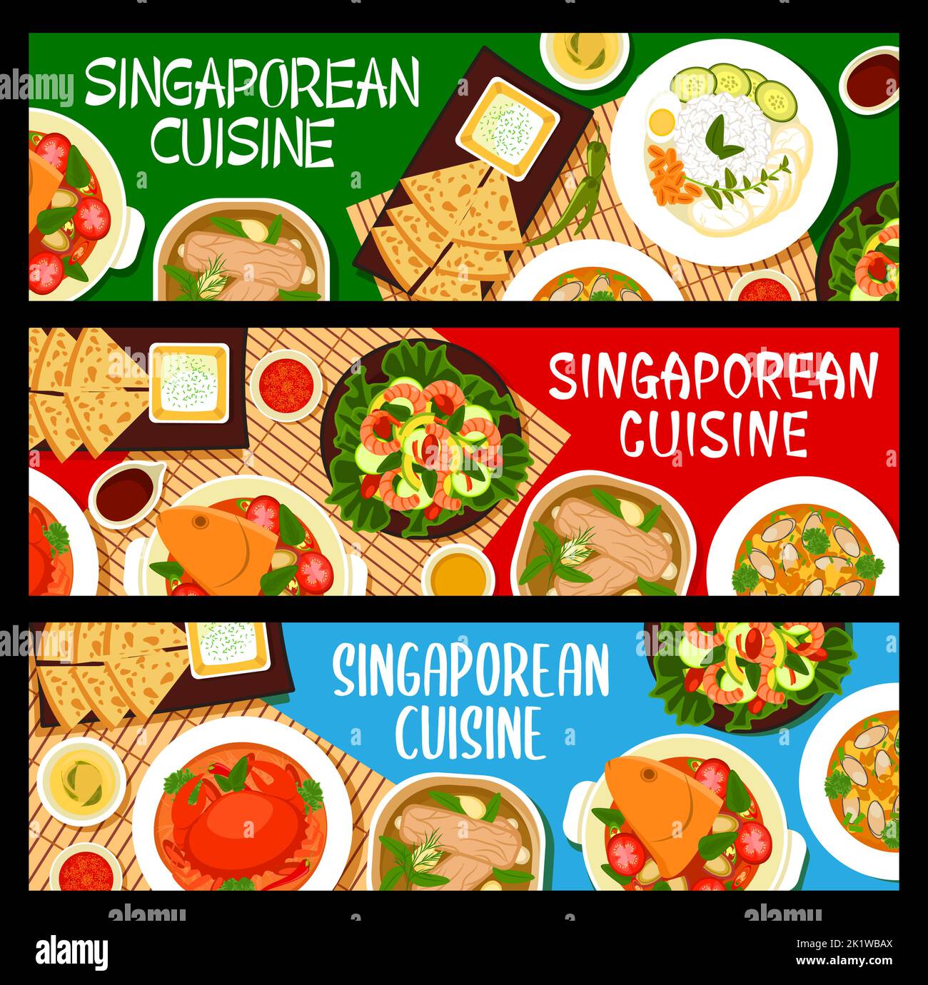 Singaporean cuisine restaurant dishes banners. Fish head curry, vegetable shrimp salad and Nasi Lemak, pork rib soup, mussels in coconut curry broth and flatbread Roti Prata with sauce, chilli crab Stock Vector