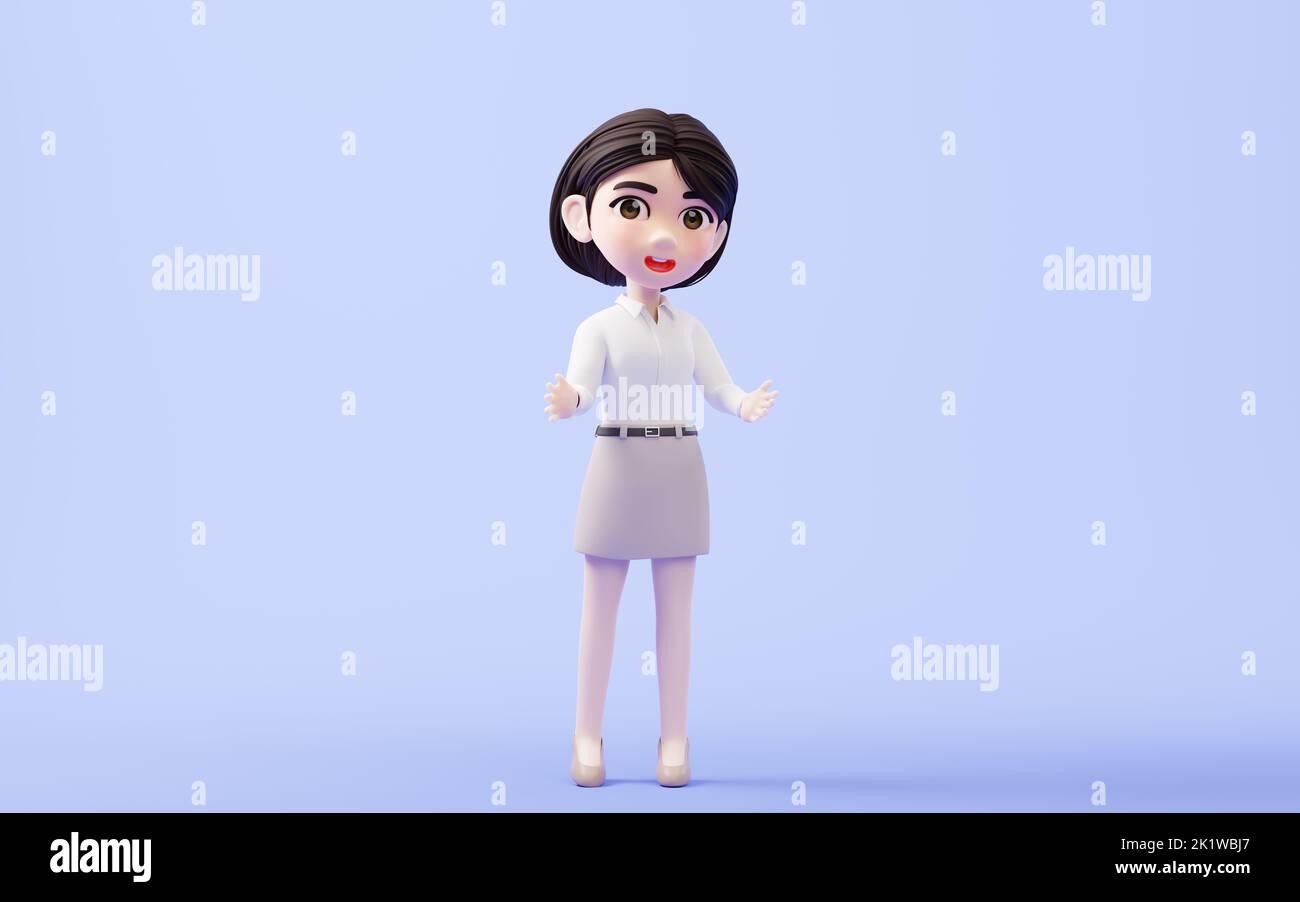 Cartoon girl with white shirt and khaki skirt, 3d rendering. Computer