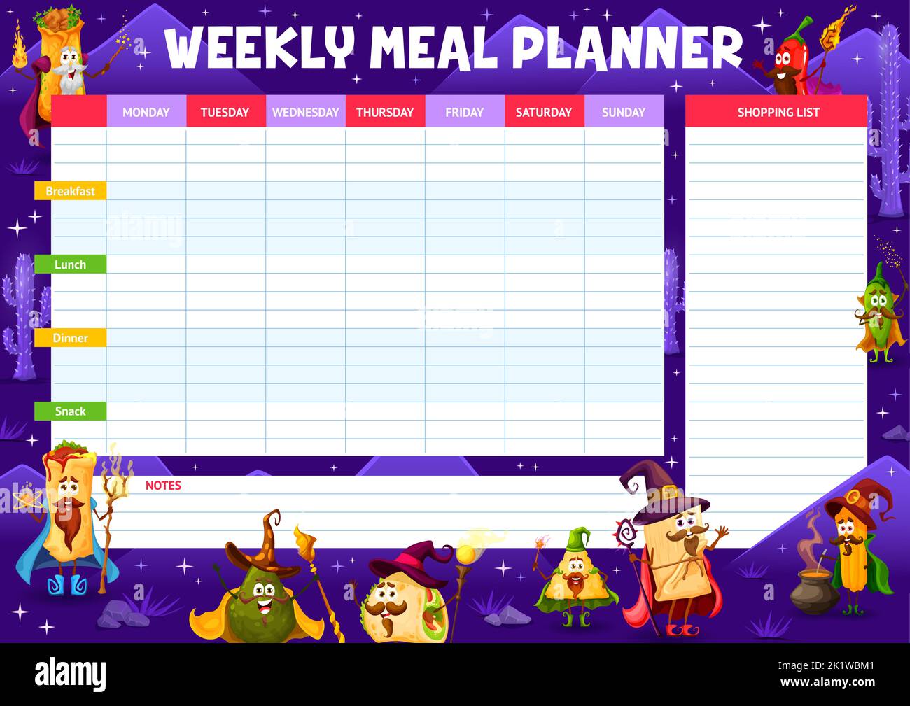 Weekly meal planner schedule, Tex Mex Mexican food wizards characters ...