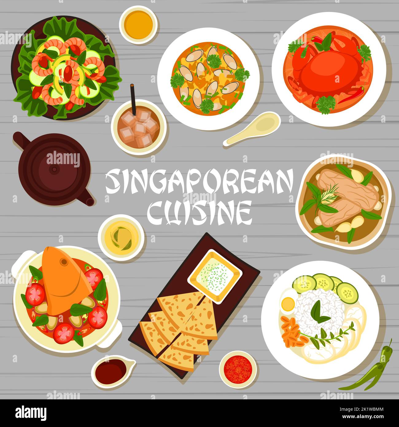 Singaporean cuisine restaurant food menu cover template. Fish head curry and flatbread Roti Prata, vegetable shrimp salad, mussels in coconut curry broth and Nasi Lemak, chilli crab, pork rib soup Stock Vector